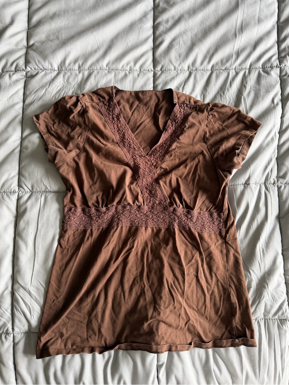 Women's Brown Lace-Trim V-Neck Top